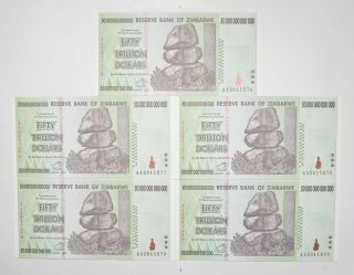 5 Consecutive 50 Trillion Dollar Zimbabwe Uncirculated Notes 2008 Authentic 326