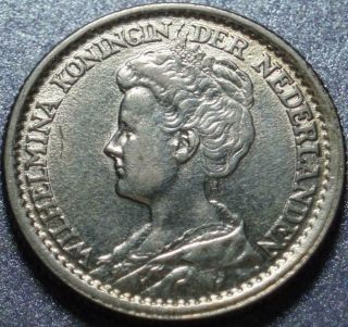 1919 Kingdom Of The Netherlands Silver 25 Cents Queen Wilhelmina Ruled 1890 - 1948