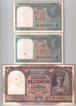 513 - 1350 India Burma| Kgvi Military & Currency,  1&10 Rs,  1945&1947,  3 Notes,  Vf