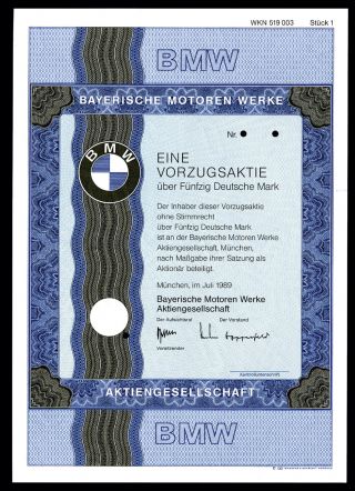 Germany,  Bmw,  Bayerische Motoren Werke,  1989 Specimen Stock Certificate Unc G&d