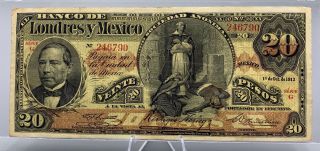 1913 Mexico Paper Money 20 Veinte Pesos Banco Londres Unc Crisp Note Series G