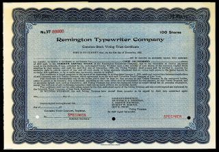 Remington Typewriter Co.  1920 Stock Certificate 100 Shares Poc Xf Abnc
