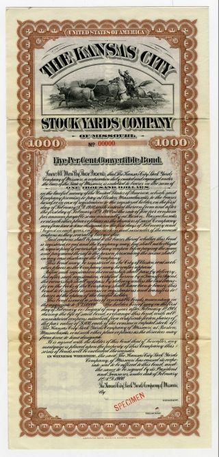 Mo.  Kansas City Stock Yards Co.  1900 Specimen $1000 Convertible 5 Bond Abnc Vf