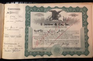 1933 Capital Stock Shares Certificate Book I.  Jablow & Co,  Inc.