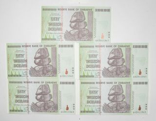 5 Consecutive 50 Trillion Dollar Zimbabwe Uncirculated Notes 2008 Authentic 323