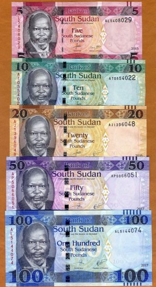 Set South Sudan,  5;10;20;50;100 Pounds,  2015 - 2017,  Pick 6 - 7 - 9 - 10 - 13 Unc