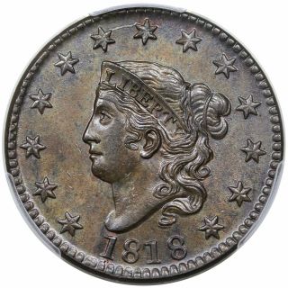 1818 Coronet Head Large Cent,  N - 7,  R1,  Pcgs Ms62bn