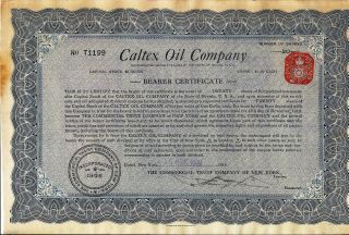 Stock Certificate Caltex Oil Company 1919 Uncancelled State Of York 20 Share