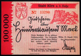 Kirn 1923 100,  000 Mark Inflation Notgeld German Banknote