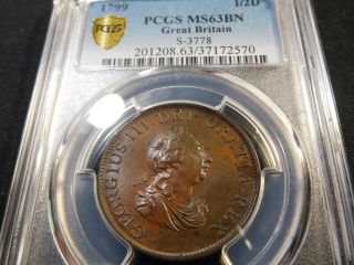 Q123 Great Britain 1799 1/2 Penny Pcgs Ms - 63 Brown