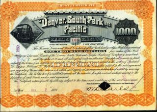 $1000 Denver,  Couth Park And Pacific Railroad Co.  1889,  Cancelled Stock Cft.