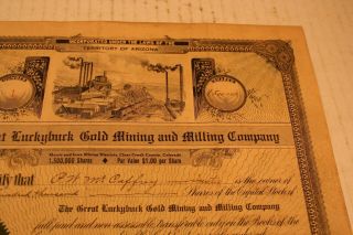 LUCKYBUCK GOLD Arizona Territory 1909 Mc Caffrey E J Nolds 1 stock 1.  5 million 7