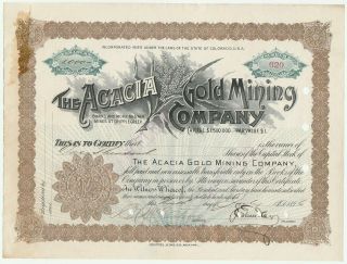 1896 Acacia Gold Mining Company Stock Certificate Cripple Creek Colorado