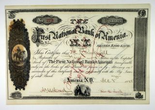 Ny.  First National Bank Of Amenia,  1888 I/c Stock Cert 5 Shrs Vf Stains Left