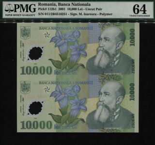 Tt Pk 112b1 2001 Romania Banca Nationala 10000 Lei " N.  Iorga " Pmg 64 Uncut Sheet