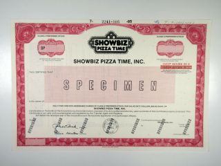 Ks.  Showbiz Pizza Time Inc 1985 Specimen Stock Cert Unc Abnc Now Chuck E.  Cheese