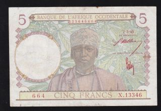 French West Africa - - - - - 5 Francs 1943 - - - - - - - - Vf - - -