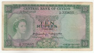 British - Ceylon 10 Rupees 1953 Issue Banknote P55 In Xf
