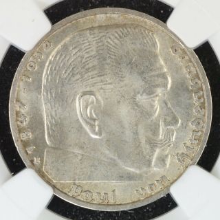 5 Mark 1939 - B Ngc Ms64 Nazi Germany Third Reich Hindenburg Silver Great Luster