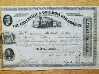 South Carolina 1863 The Greenville & Columbia Railroad Co Stock Certificate