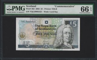 2002 Scotland 5 Pounds,  Royal Bank Qeii 60th Commem,  P - 362,  Pmg 66 Epq Gem Unc