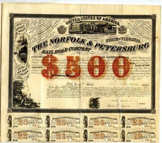 1857 $500 Norfolk & Petersburg Railroad Bond.