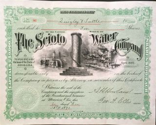 Scioto Water Company Stock 1892.  Marion,  Ohio.  Certificate,  Vigs.  Vf,