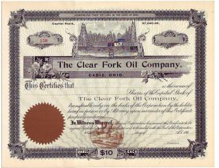 Attractive Circa 1908 Clear Fork Oil Co.  Unissued Stock Certificate,  Cadiz,  Ohio