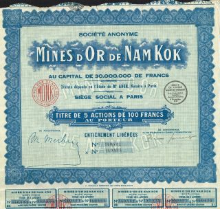 Indochina Gold Mines Of Nam Kok Stock Certificate 1929 5 Sh