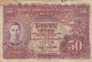 50 Cents Vg Banknote From British Malaya 1941 Pick - 10