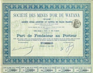 Indochina Gold Mines Of Watana Stock Certificate 1894