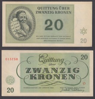 Czechoslovakia 20 Kronen 1943 (au - Unc) Banknote Theresienstadt Ghetto