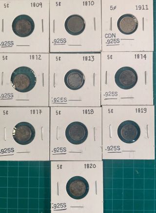 10 - 5 Cent Canadian 1909 10 11 12 13 14 17 18 19 1920 925 Silver Estate