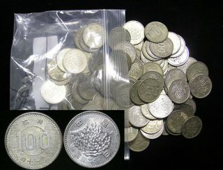 Japan,  100 Yen,  Silv. ,  50x Rice (1959 - 66) & 50x Phoenix (1957 - 58) Types,  100 Coins