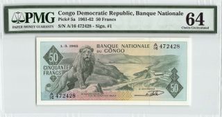 Congo 1962 P - 5a Pmg Choice Unc 64 50 Francs