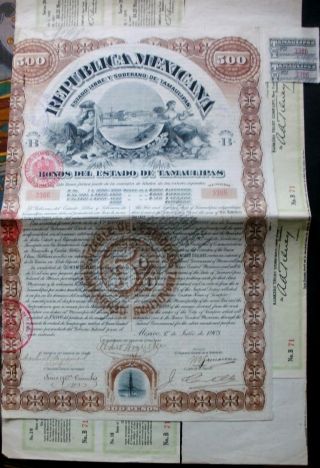 Mexico 1903 Bond Loan State Tamaulipas $500 Silver,  Uncancelled