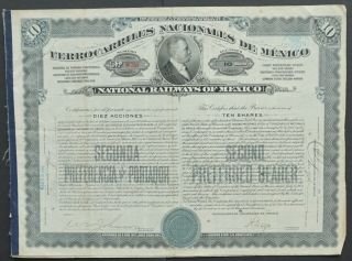 Mexico - National Railways Of Mexico - 1909 - 10 Second Preferred Shares (gold)