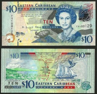 East Caribbean States Nd (2012) Unc 10 Dollars Banknote Paper Money Bill P - 52