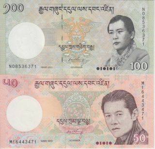 Bhutan Banknote P31 - 32 50 Ngultrum 2013 & 100 Ngultrum 2011,  " The Pair ",  Unc