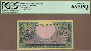 Indonesia: 5 Rupiah Banknote,  (unc Pcgs66),  P - 49a,  1957,