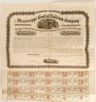 1873 Mississippi Central Railroad Co.  Stock Cert.  Very