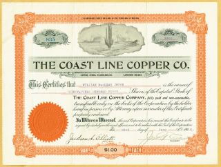 1906 Coast Line Copper Co.  Arizona Territory Stock Certificate