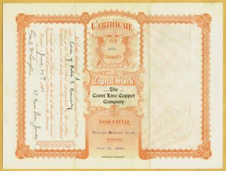 1906 COAST LINE COPPER CO.  ARIZONA TERRITORY STOCK CERTIFICATE 2