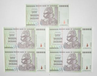 5 Consecutive 50 Trillion Dollar Zimbabwe Uncirculated Notes 2008 Authentic 331