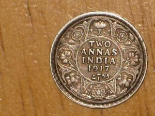 British India 1917 Silver 2 Annas Coin Very Fine