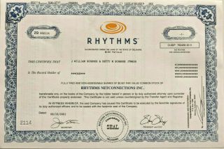 Rhythms Netconnections Early Internet Isp Dot Com Bubble Stock Certificate