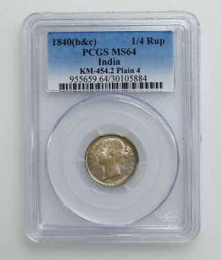 Pcgs Ms64 1840 India 1/4 Rupee K10017