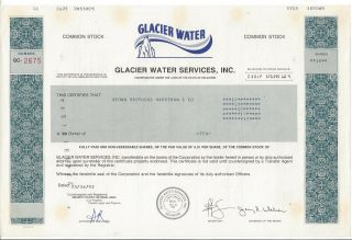 Glacier Water Services Inc.  1992 Stock Certificate