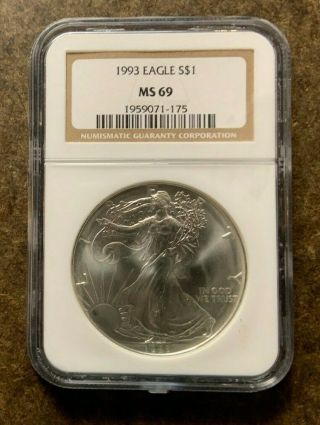 1993 Ngc Ms69 American Silver Eagle Dollar Coin -
