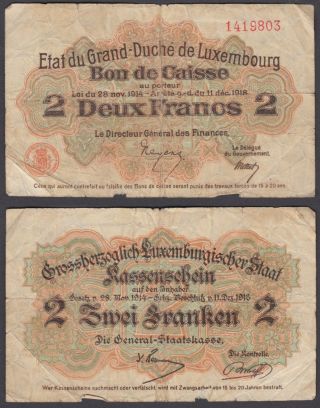 Luxembourg 2 Francs L.  1914 - 1918 (vg, ) Banknote Km 28